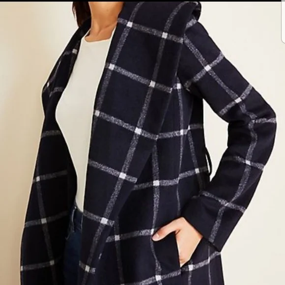 Ann Taylor Navy Plaid Wrap Coat - Picture 2 of 7